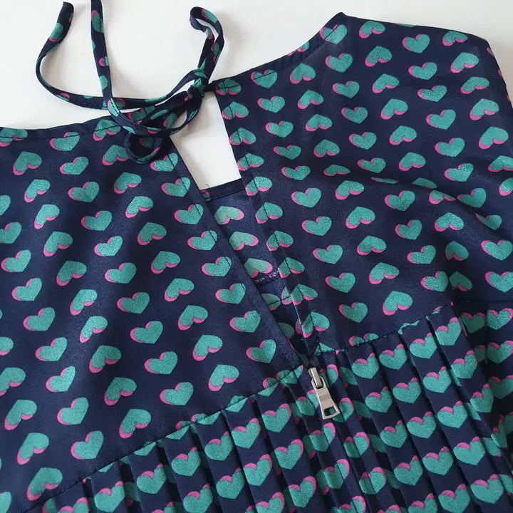 [BUNJANG] Heart Pattern Silk Blend Dress, Size 2 / 네이비 하트 패턴 실크 혼방 원피스 2사이즈
