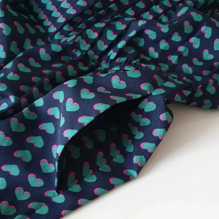 [BUNJANG] Heart Pattern Silk Blend Dress, Size 2 / 네이비 하트 패턴 실크 혼방 원피스 2사이즈