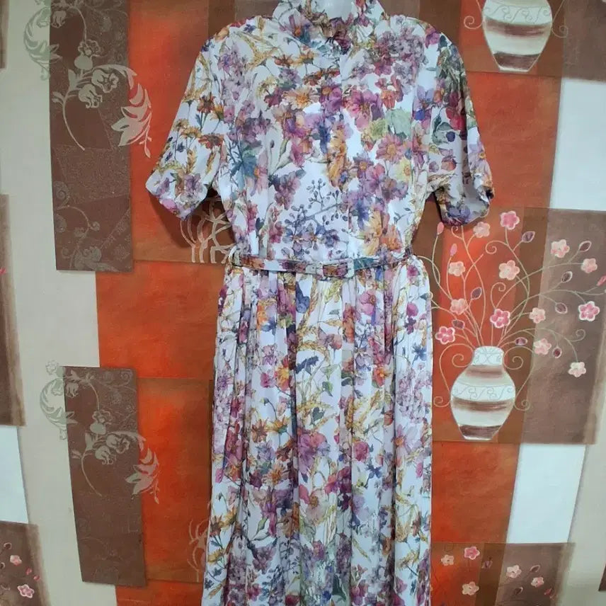 [BUNJANG] Flower Pattern Short Sleeve Long Dress Size 66 / 플라워 패턴 반팔 롱 원피스 66