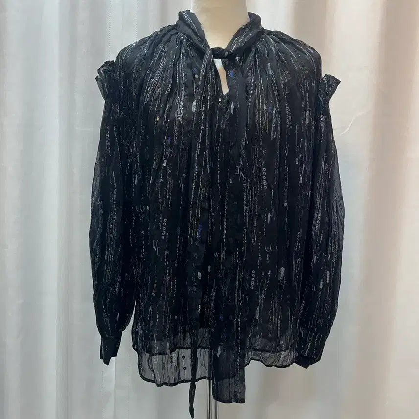 [BUNJANG] OBZEE 22FW Sequin Chiffon Ribbon Blouse / 오브제 OBZEE 22FW 시퀸 쉬폰 리본 블라우스 44 새옷급