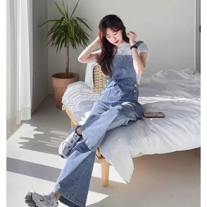[BUNJANG] Korean Style Light Blue Long Wide Strap Jeans (Size S) / 수비진 연청 롱 와이드 멜빵 청바지 S사이즈 29,900원