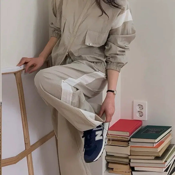 [BUNJANG] Unbranded Two-Way Colorblock Windbreaker Training Set / [새상품] 바스락 배색 집업 + 투웨이 와이드팬츠 바람막이 트레이닝세트