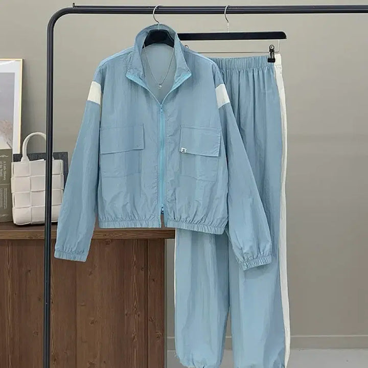 [BUNJANG] Color Block Two-Way Zip-Up &amp; Wide Pants Training Set / [새상품] 바스락 배색 집업 + 투웨이 와이드팬츠 바람막이 트레이닝세트