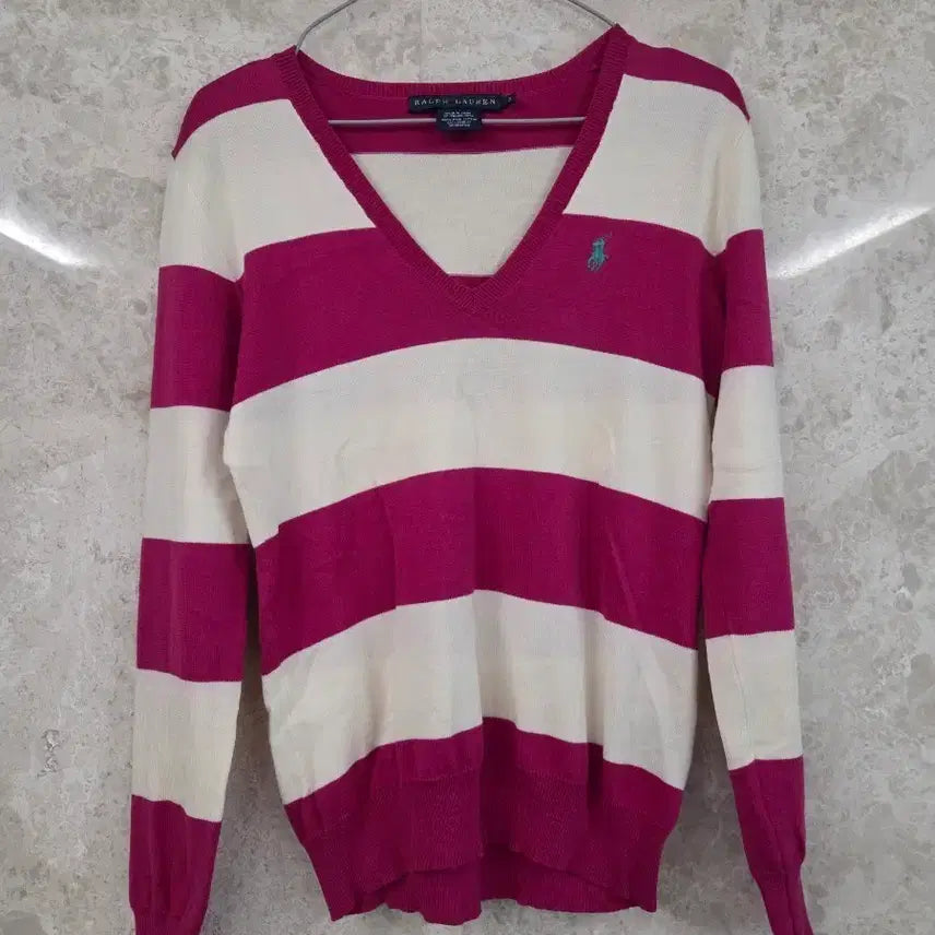 [BUNJANG] Ralph Lauren Striped V-neck Knit Sweater / 랄프로렌 스트라이프 브이넥 니트 S