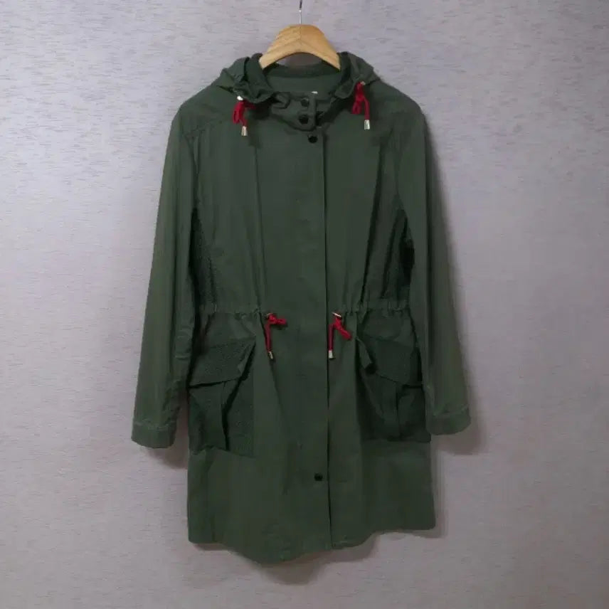 [BUNJANG] Wide Angle Khaki Zip-up Hooded Long Jacket / B4-29/와이드앵글 허리끈조절 카키 집업후드 롱자켓 여성