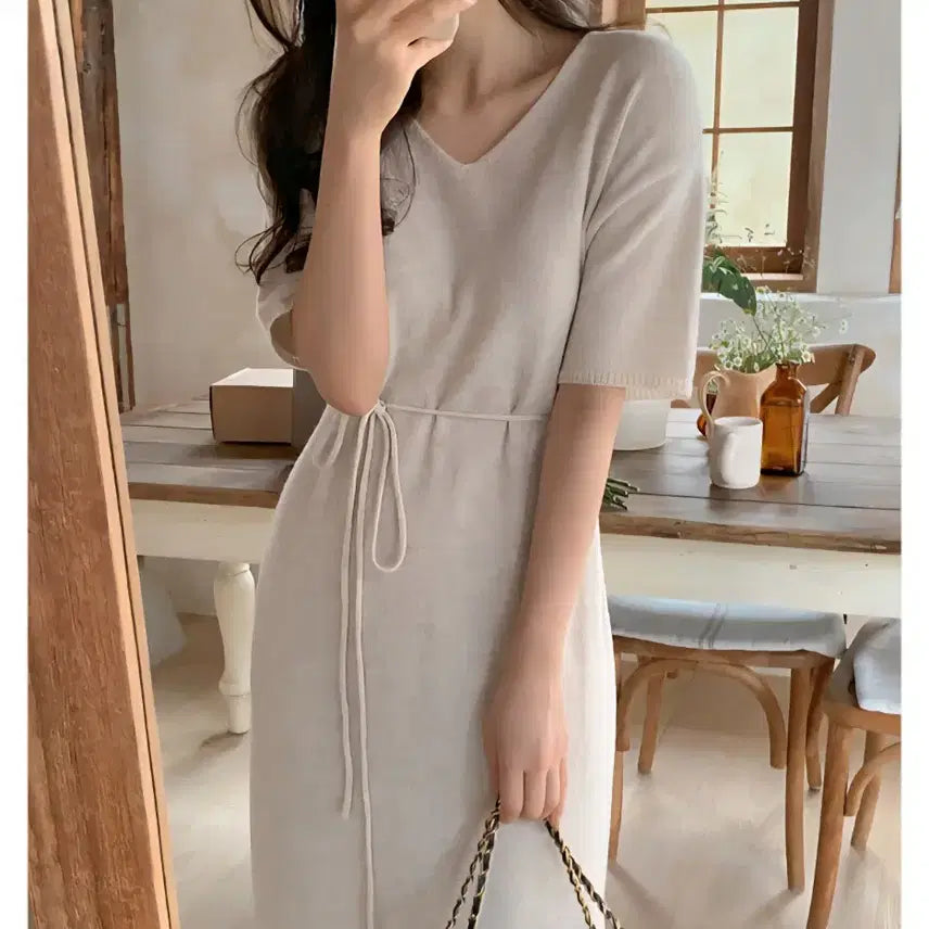 [BUNJANG] Pervbit V-Neck Short Sleeve Knit Dress / 퍼빗 브이넥 반팔 니트원피스 임산부 임부복 렌느