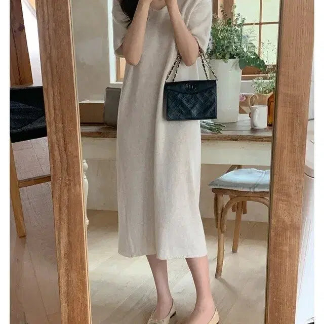 [BUNJANG] Pervbit V-Neck Short Sleeve Knit Dress / 퍼빗 브이넥 반팔 니트원피스 임산부 임부복 렌느