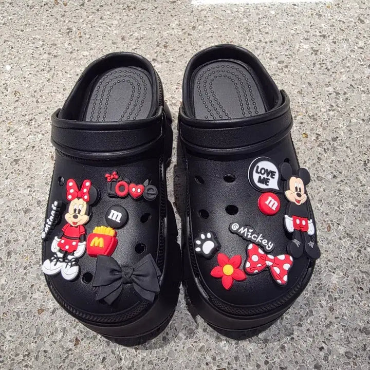 [BUNJANG] 7cm Elevated Black Crocs with Mickey Mouse Jibbitz / (새상품)7cm 키높이 크록스