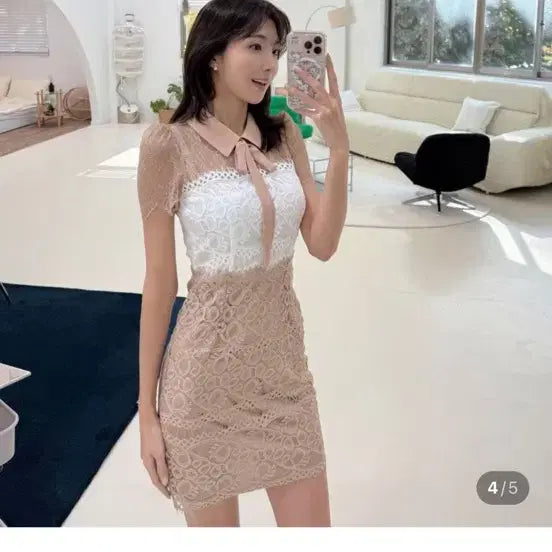 [BUNJANG] Beige Lace Mini Dress / 미니 레이스 배색 원피스 베이지