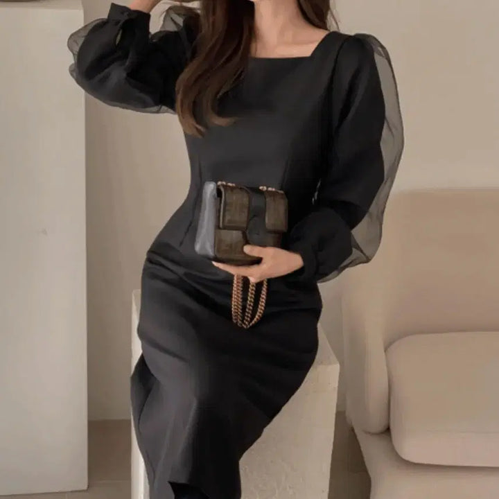 [BUNJANG] Black Puff Sleeve Square Neck Long Dress / 블랙 퍼프 소매 스퀘어넥 롱 원피스