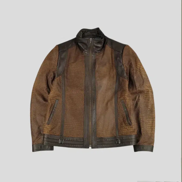 [BUNJANG] ROBO Brown Beige Snake Embossed Leather Jacket / ROBO 로보 브라운 베이지 배색 뱀피 스네이크 램스킨 양가죽 레더자켓