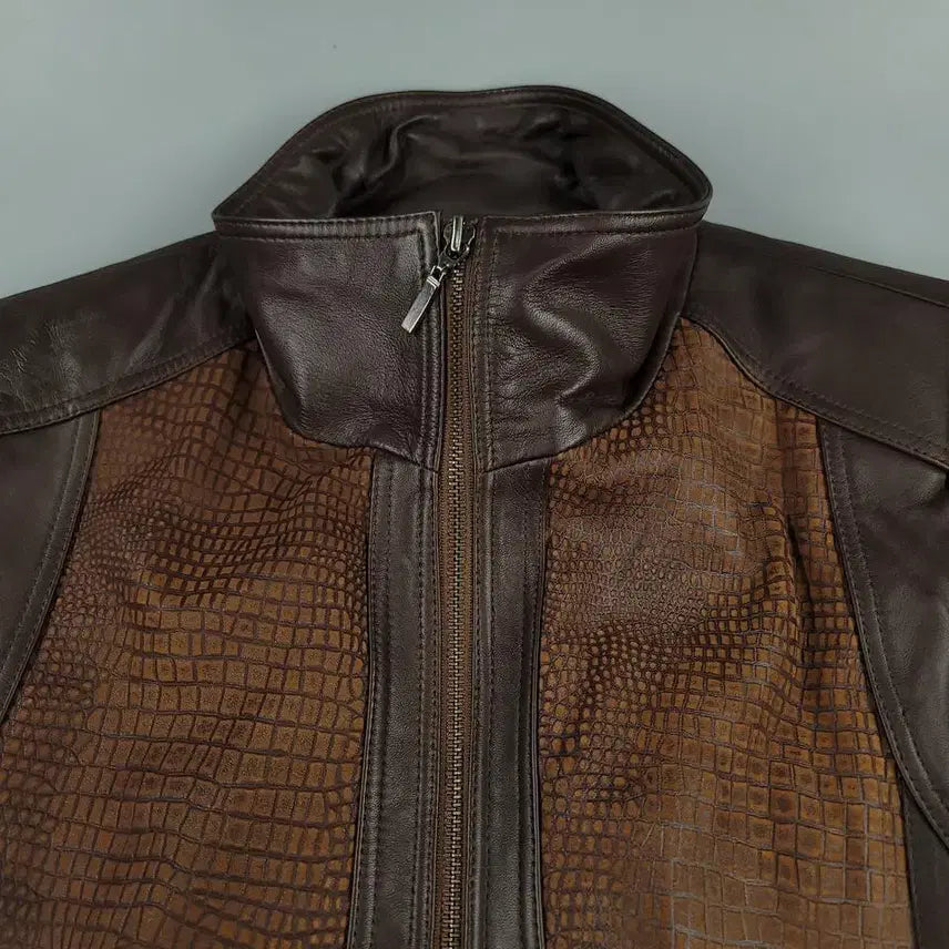 [BUNJANG] ROBO Brown Beige Snake Embossed Leather Jacket / ROBO 로보 브라운 베이지 배색 뱀피 스네이크 램스킨 양가죽 레더자켓