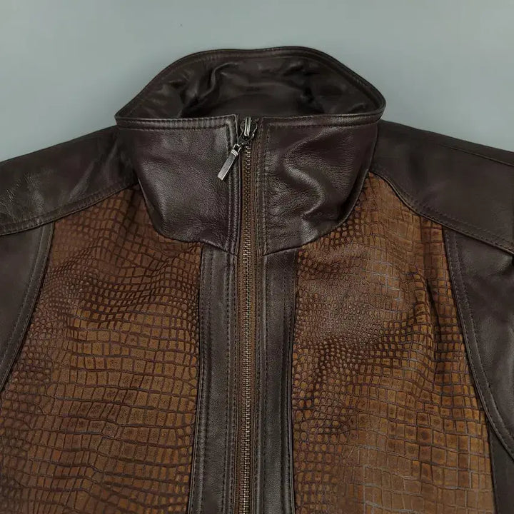 [BUNJANG] ROBO Brown Beige Snake Embossed Leather Jacket / ROBO 로보 브라운 베이지 배색 뱀피 스네이크 램스킨 양가죽 레더자켓