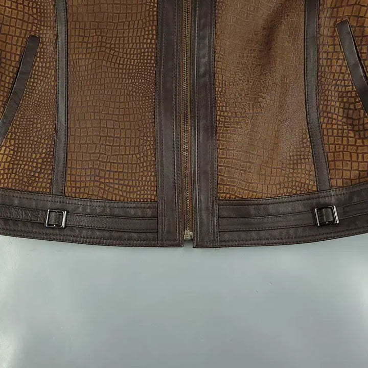 [BUNJANG] ROBO Brown Beige Snake Embossed Leather Jacket / ROBO 로보 브라운 베이지 배색 뱀피 스네이크 램스킨 양가죽 레더자켓