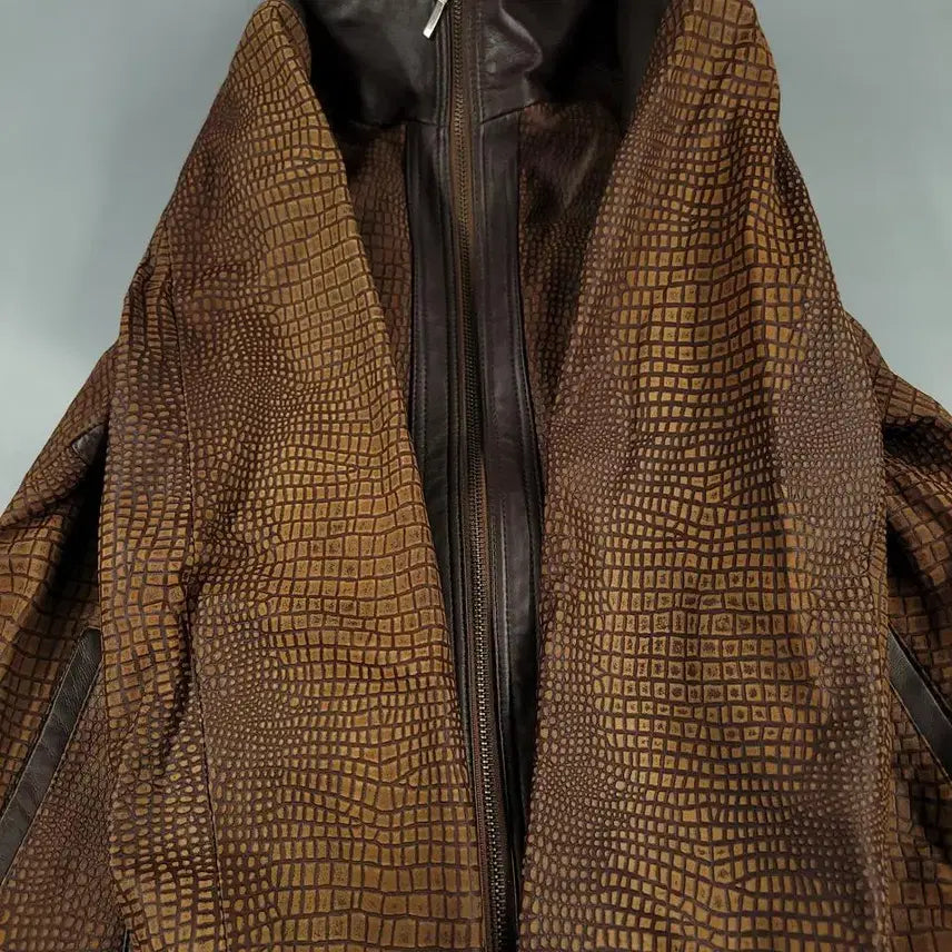 [BUNJANG] ROBO Brown Beige Snake Embossed Leather Jacket / ROBO 로보 브라운 베이지 배색 뱀피 스네이크 램스킨 양가죽 레더자켓