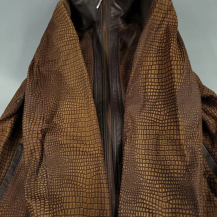 [BUNJANG] ROBO Brown Beige Snake Embossed Leather Jacket / ROBO 로보 브라운 베이지 배색 뱀피 스네이크 램스킨 양가죽 레더자켓