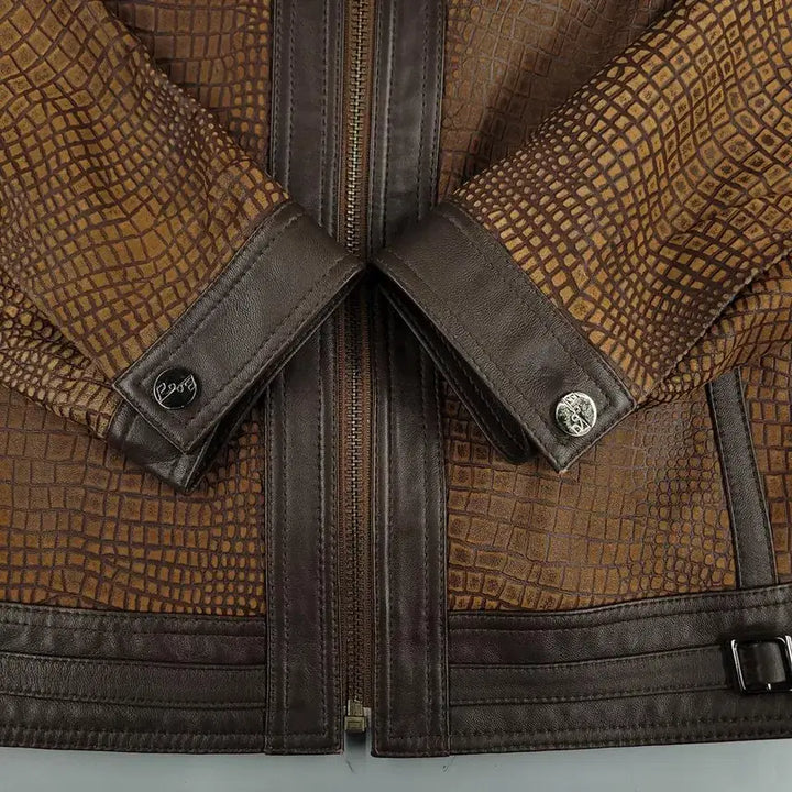 [BUNJANG] ROBO Brown Beige Snake Embossed Leather Jacket / ROBO 로보 브라운 베이지 배색 뱀피 스네이크 램스킨 양가죽 레더자켓