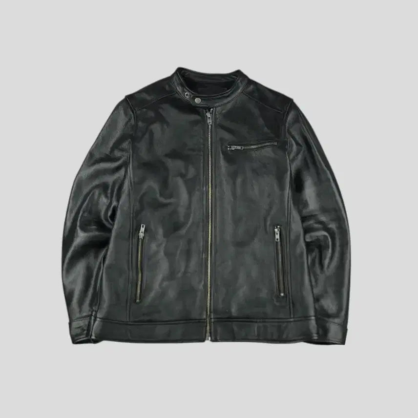 [BUNJANG] Vintage Leather Biker Jacket / 빈티지 블랙 체스트포켓 네크비조 사이드신치 소가죽 카우레더 바이커 라이더