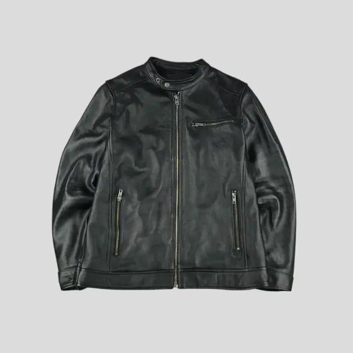 [BUNJANG] Vintage Leather Biker Jacket / 빈티지 블랙 체스트포켓 네크비조 사이드신치 소가죽 카우레더 바이커 라이더