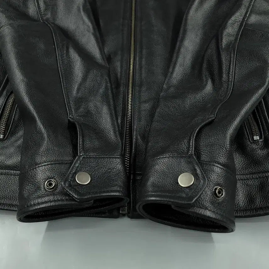 [BUNJANG] Vintage Leather Biker Jacket / 빈티지 블랙 체스트포켓 네크비조 사이드신치 소가죽 카우레더 바이커 라이더