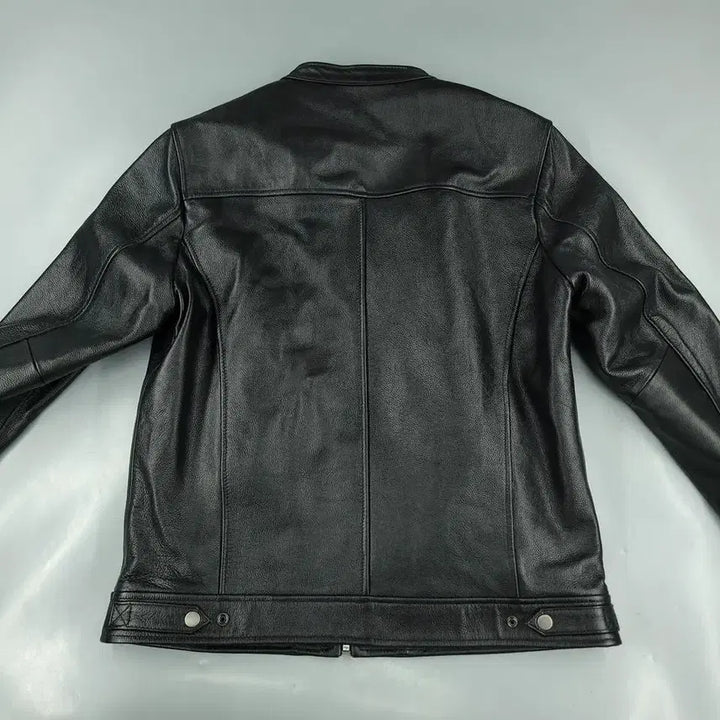[BUNJANG] Vintage Leather Biker Jacket / 빈티지 블랙 체스트포켓 네크비조 사이드신치 소가죽 카우레더 바이커 라이더