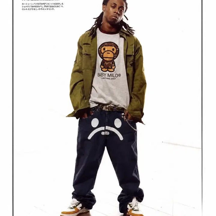 [BUNJANG] BAPE Authentic Milo SAD FACE Pants Black / 2000년도 베이프 어센틱 마일로 SAD FACE 팬츠 블랙