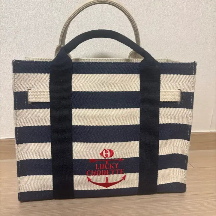 [BUNJANG] Lucky Chouette Striped Canvas Tote Bag / 럭키슈에뜨 스트라이프 캔버스 토트백