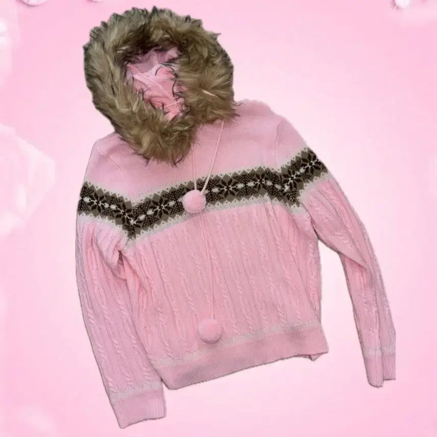 [BUNJANG] Gallery Fur Hoodie Pom Pom Knit / 갸루 퍼후드 퐁퐁 니트