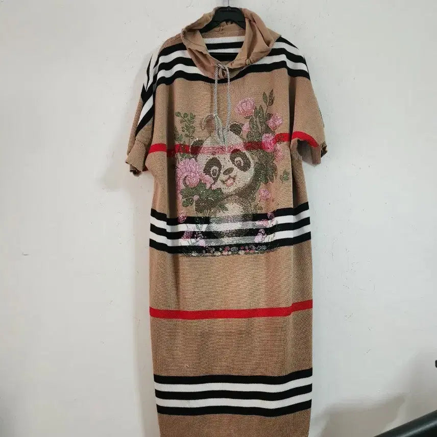 [BUNJANG] Striped Panda Embroidered Short Sleeve Hoodie Knit Dress / 줄무늬 판다 자수 반팔 후드 니트 원피스