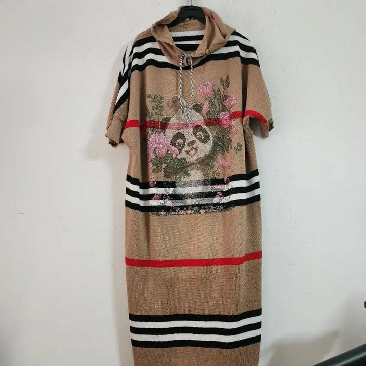 [BUNJANG] Striped Panda Embroidered Short Sleeve Hoodie Knit Dress / 줄무늬 판다 자수 반팔 후드 니트 원피스