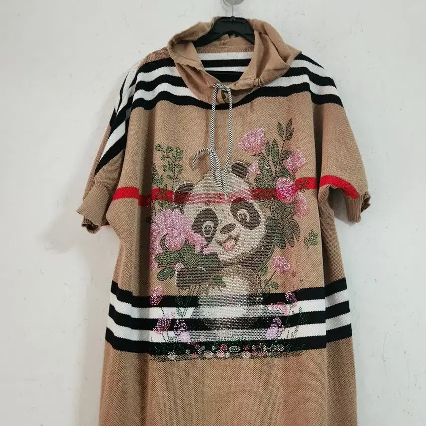 [BUNJANG] Striped Panda Embroidered Short Sleeve Hoodie Knit Dress / 줄무늬 판다 자수 반팔 후드 니트 원피스