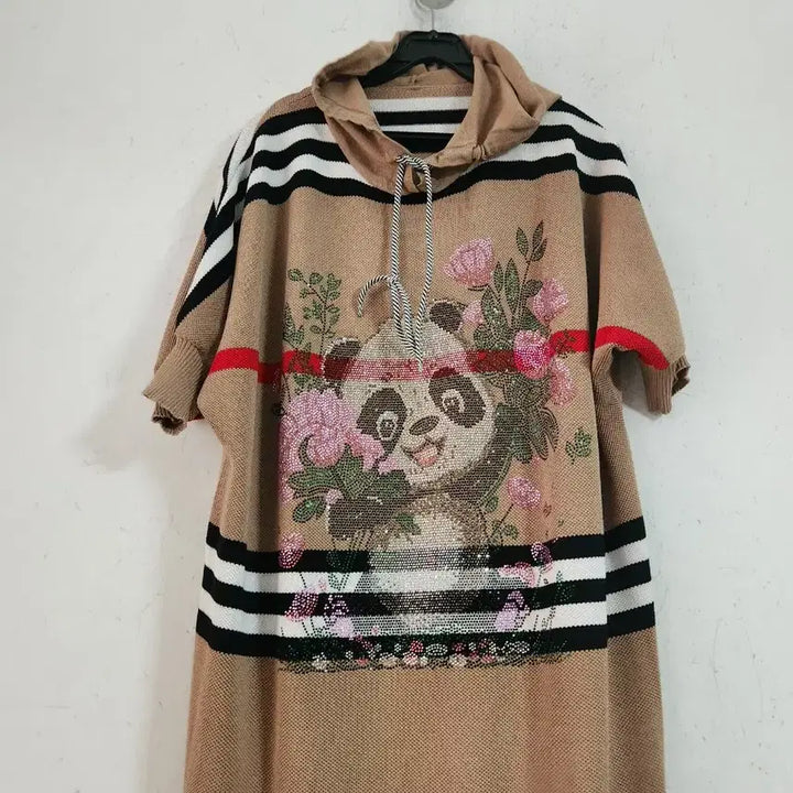 [BUNJANG] Striped Panda Embroidered Short Sleeve Hoodie Knit Dress / 줄무늬 판다 자수 반팔 후드 니트 원피스
