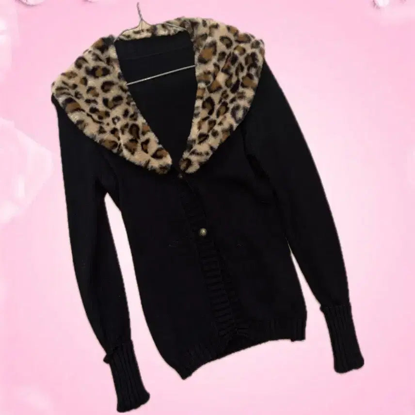 [BUNJANG] Onergyu Leopard Print Fur Knit Cardigan / 오네갸루 호피 퍼니트 가디건