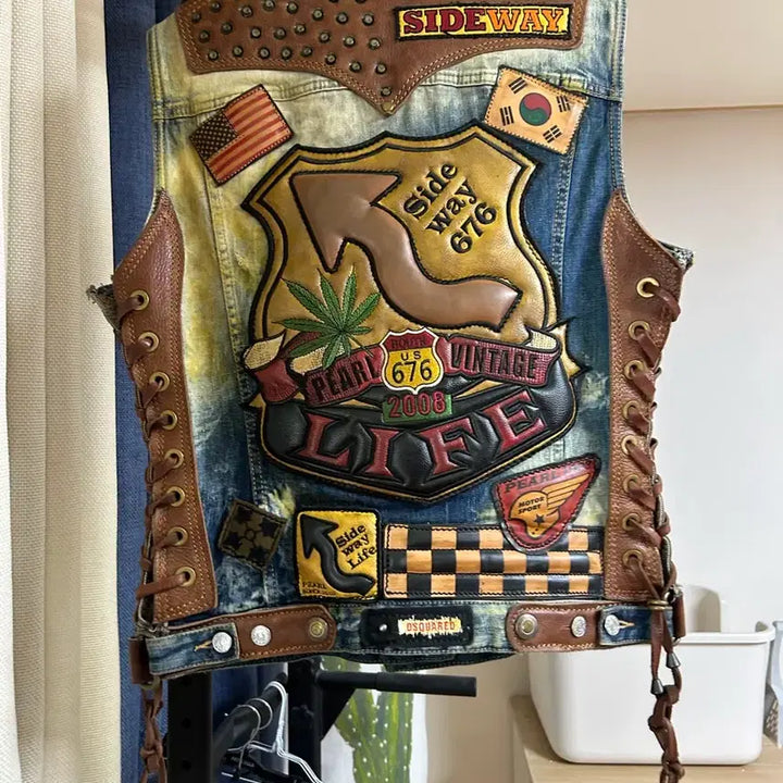 [BUNJANG] DSQUARED2 Custom Denim Vintage Rider Vest Patch Wash / 디스퀘어드2 커스텀 데님 빈티지 라이더 조끼 패치 워싱
