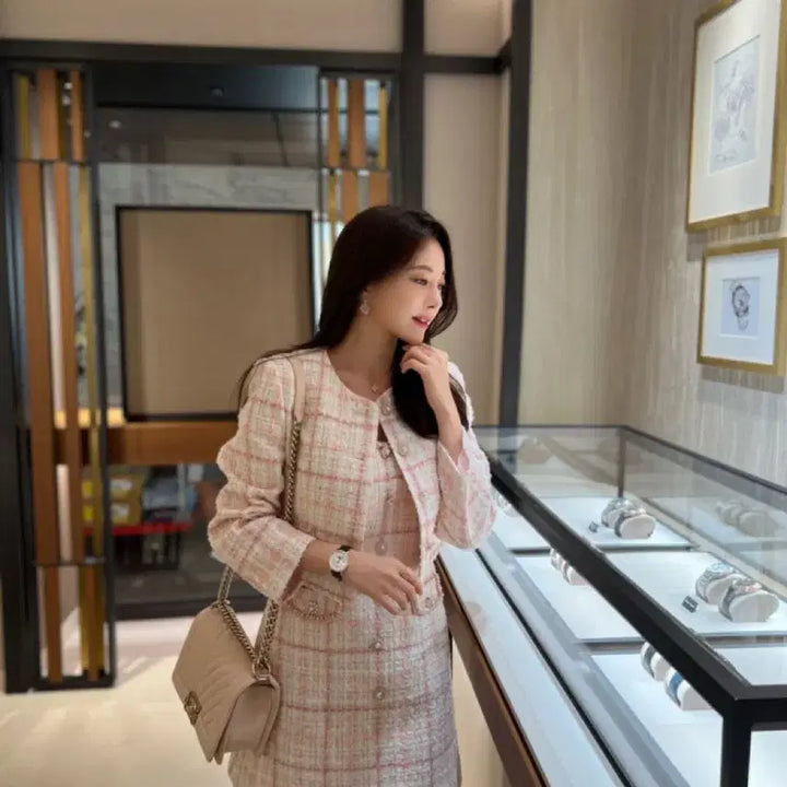 [BUNJANG] Loar Pink Premium Tweed Jacket and Dress Set / (로아르) 핑크 프리미엄 트위드 자켓,원피스