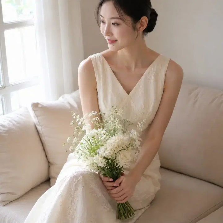 [BUNJANG] Bridal Shower &amp; Resort Style Cream Jacquard Dress / 셀프웨딩 브라이덜샤워 추천 휴양지 감성 크림 자카드 원피스
