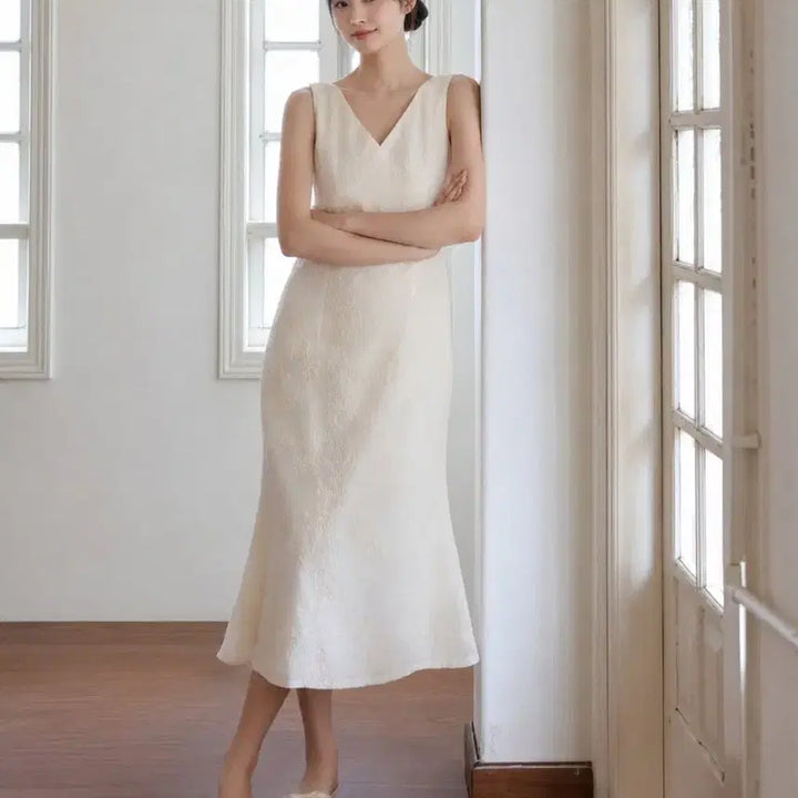 [BUNJANG] Bridal Shower &amp; Resort Style Cream Jacquard Dress / 셀프웨딩 브라이덜샤워 추천 휴양지 감성 크림 자카드 원피스