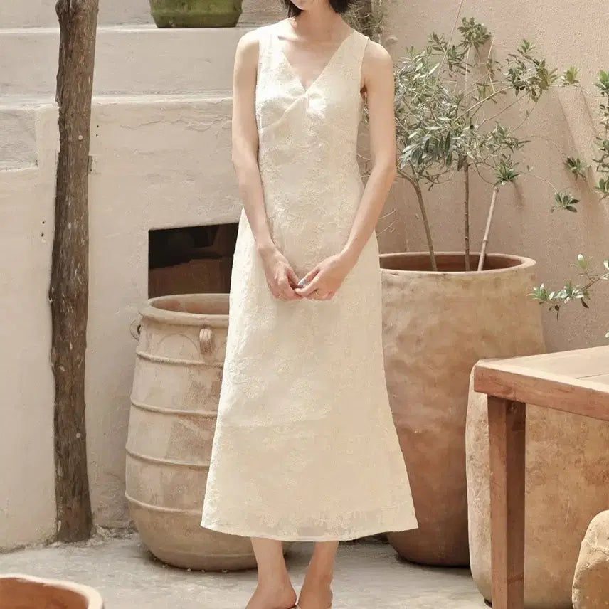 [BUNJANG] Bridal Shower &amp; Resort Style Cream Jacquard Dress / 셀프웨딩 브라이덜샤워 추천 휴양지 감성 크림 자카드 원피스