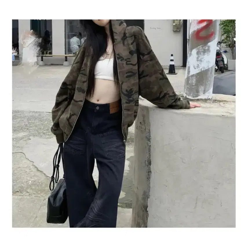 [BUNJANG] Camo Military Overfit Hooded Zip-Up Jacket / 카모 밀리터리 오버핏 후드집업
