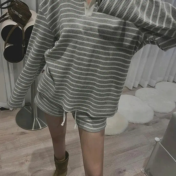 [BUNJANG] Striped Long Sleeve Shirt and Shorts Set / 단가라 스트라이프 반바지 셔츠긴팔티 세트