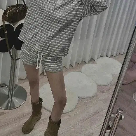 [BUNJANG] Striped Long Sleeve Shirt and Shorts Set / 단가라 스트라이프 반바지 셔츠긴팔티 세트