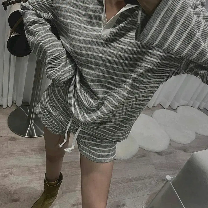 [BUNJANG] Striped Long Sleeve Shirt and Shorts Set / 단가라 스트라이프 반바지 셔츠긴팔티 세트