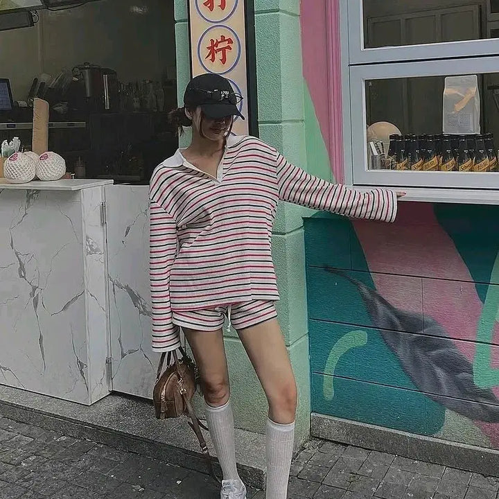 [BUNJANG] Striped Long Sleeve T-Shirt and Shorts Set / 단가라 스트레이프 반바지 긴팔티 세트