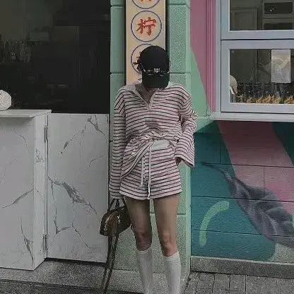[BUNJANG] Striped Long Sleeve T-Shirt and Shorts Set / 단가라 스트레이프 반바지 긴팔티 세트