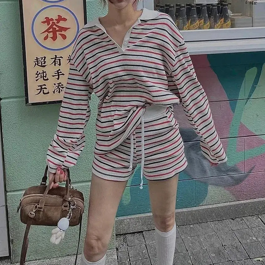 [BUNJANG] Striped Long Sleeve T-Shirt and Shorts Set / 단가라 스트레이프 반바지 긴팔티 세트