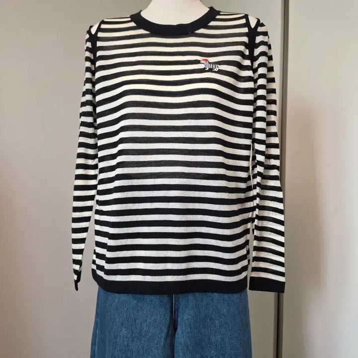 [BUNJANG] Striped Long Sleeve Knit T-shirt with Dog Embroidery / 단독/스트라이프 긴팔 니트 티셔츠