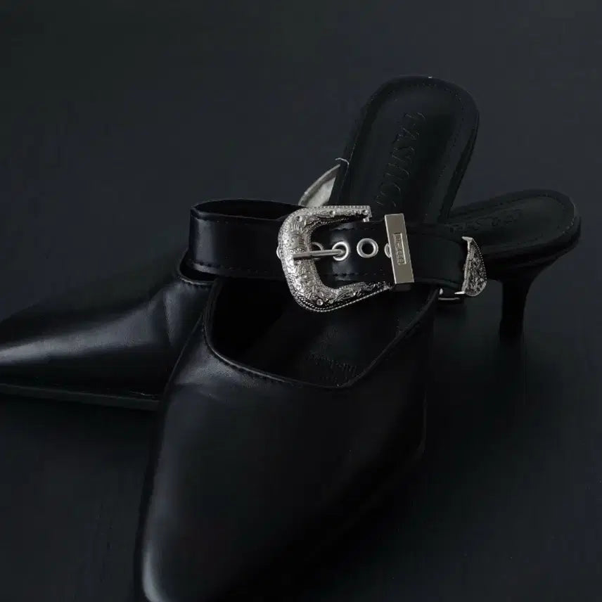 [BUNJANG] Black Western Buckle Mule Heels Size 230 / 블랙 웨스턴 버클 뮬 힐 230