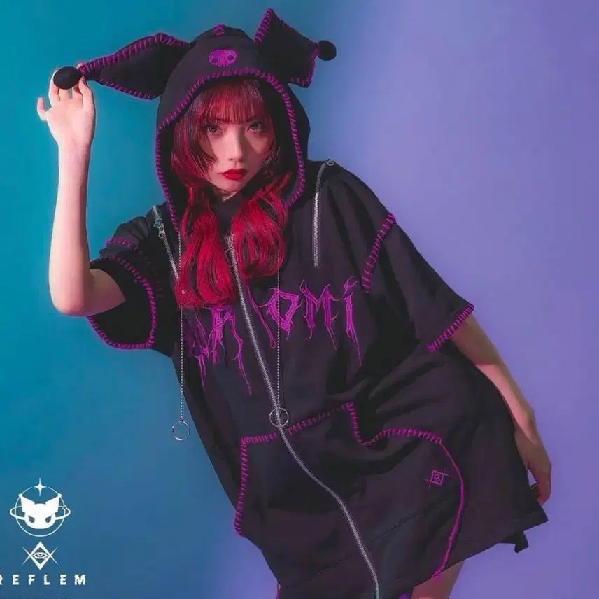 [BUNJANG] Replem Kuromi Collaboration Short-Sleeve Hoodie / 레플렘 쿠로미 콜라보 반팔 후드집업(지뢰계 매드펑크 서브컬쳐)