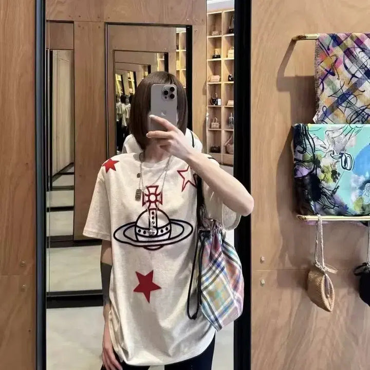 [BUNJANG] Vivienne Westwood Oversized Logo Star Print T-Shirt / 비비안웨스트우드 여성티셔츠 박시핏 로고무늬 여름티