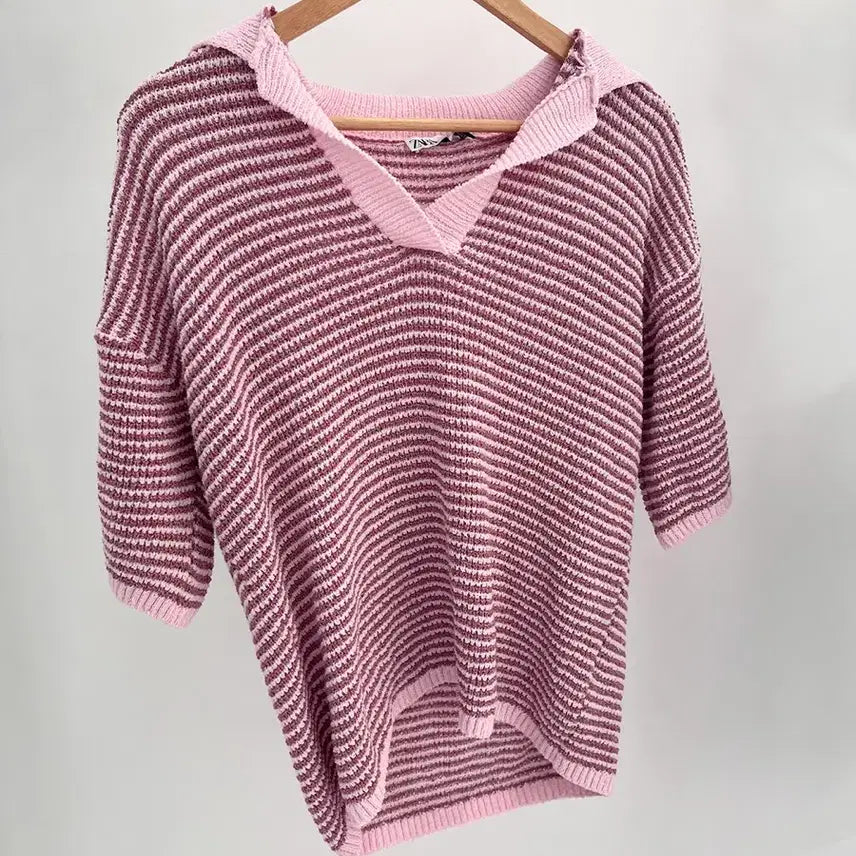 [BUNJANG] ZARA Pink Stripe Knit Short Sleeve Shirt / 자라 핑크 스트라이프 니트 반팔